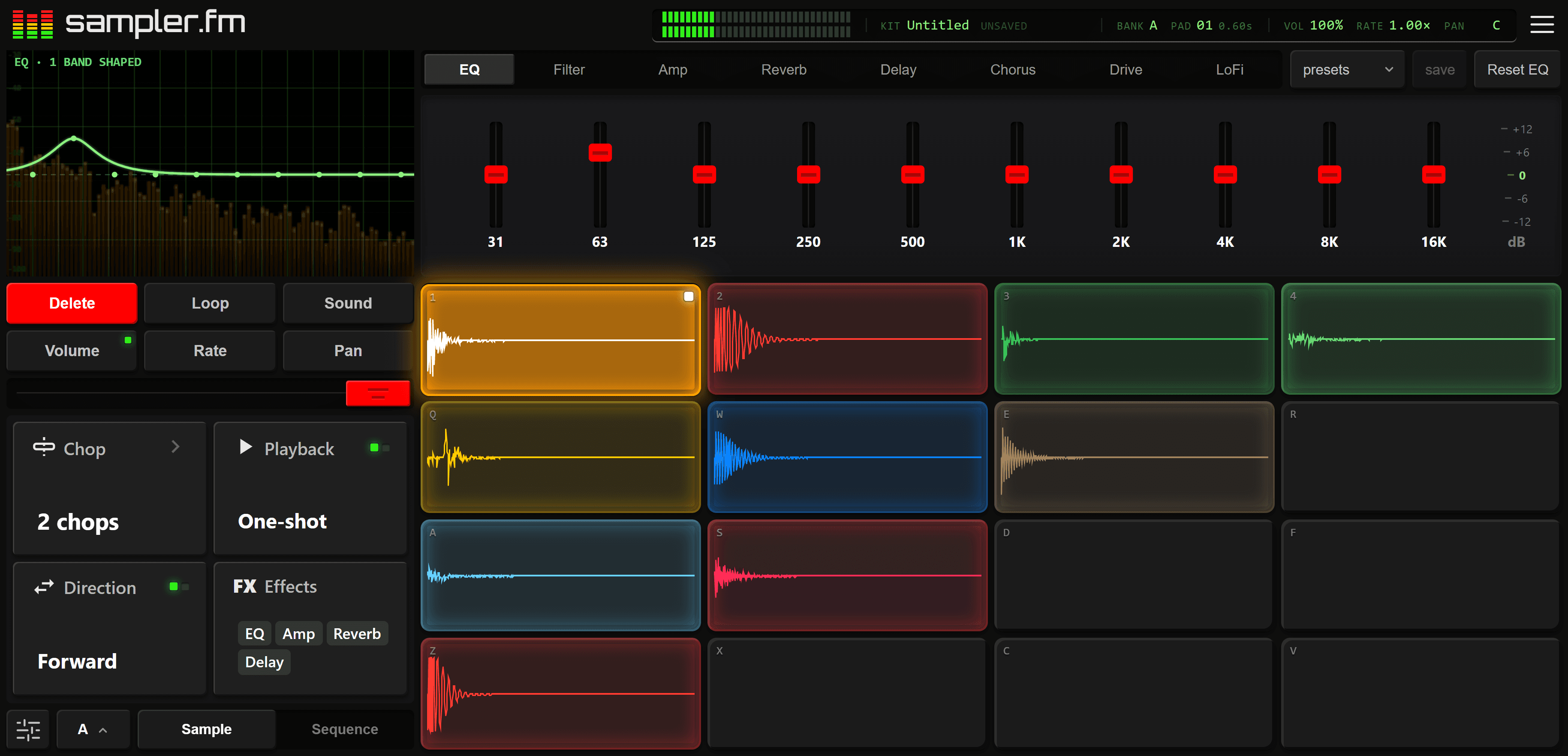 sampler.fm in a browser on a laptop: the first pad, a snare, lit as it plays, while its EQ is shaped: the 63Hz fader raised, and the screen at the top left drawing the EQ curve over the snare's live spectrum. Its keys show two chops and four effects (EQ, Amp, Reverb and Delay), above ten filled pads in a staircase: the kit begun on the phone, built out.