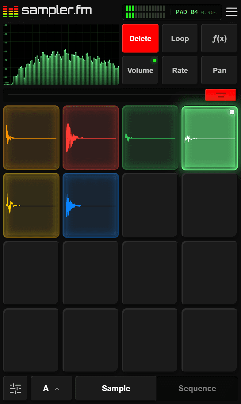 sampler.fm in a phone's browser: a kit begun on six pads in their sounds' colours, an open hat lit green as it plays and its spectrum filling the screen.
